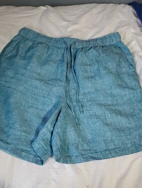 Tahari Teal Linen Shorts with Drawstring Waist